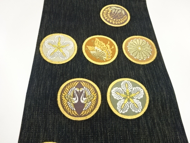  金通し丸文に蝶・鶴・花模様織出し袋帯